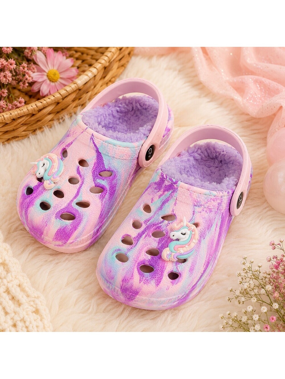 Capelli New York Toddler Faux Fur Clogs Unicorn Charm Pink Purple Marble...